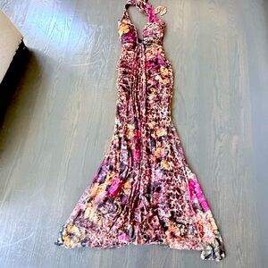 Windsor Pink and Brown Floral Leopard Halter Maxi Dress